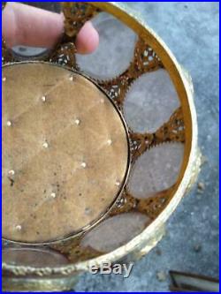 Old Vintage Metal Filigree Jewelry Casket Box Beveled Glass MCM Gold Tone Case