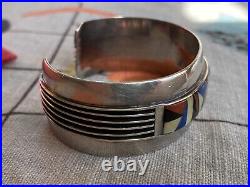 Old Vintage Navajo Guild Sterling Silver Inlaid Red White Blue! Cuff Bracelet