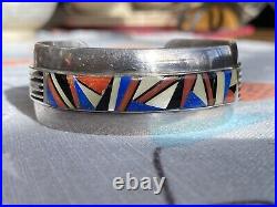 Old Vintage Navajo Guild Sterling Silver Inlaid Red White Blue! Cuff Bracelet