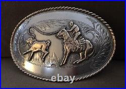 Old Vintage Sterling Silver Irvine Jachens Cowboy Calf Roping Trophy Belt Buckle