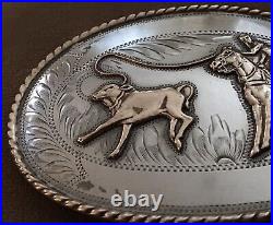 Old Vintage Sterling Silver Irvine Jachens Cowboy Calf Roping Trophy Belt Buckle