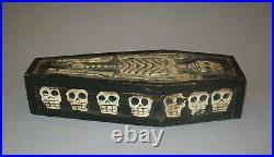 Old Vtg Ca 1960s Carved Wooden Day of the Dead Coffin Skeletons Skulls Very Nice