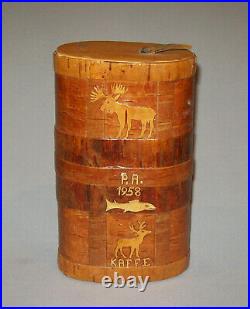 Old Vtg Folk Art Birch Bark Box Container Dated 1958 P. A. Moose Fish Deer Signed