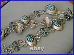 Old WJ LEWIS Native American Zuni Turquoise Cluster Sterling Silver Concho Belt