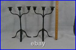 Old period primitive candle sticks holder forged iron 3 cups pair match 19th c