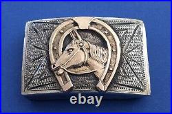 Rare Antique Vintage 1930s Sterling Silver Gold Old Mexico Horseshoe Belt Buckle
