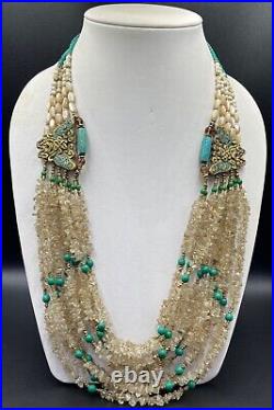 Rare Design Handmade Tibetan Old Necklace With Natural Crystal & Turquoise Stone