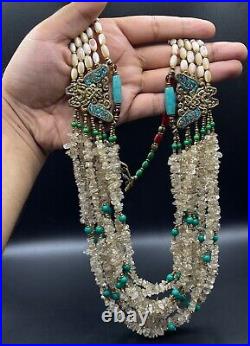 Rare Design Handmade Tibetan Old Necklace With Natural Crystal & Turquoise Stone