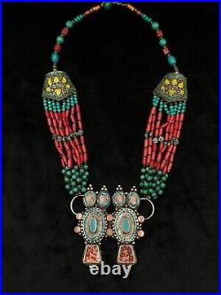 Rare Design Handmade Tibetan Old Necklace With Natural Turquoise & Coral Stone