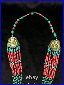 Rare Design Handmade Tibetan Old Necklace With Natural Turquoise & Coral Stone