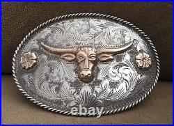 Rare Old Mexico Sterling Silver 10K Gold Eagle Stamp Longhorn Steer Belt Buckle