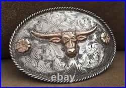 Rare Old Mexico Sterling Silver 10K Gold Eagle Stamp Longhorn Steer Belt Buckle