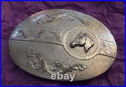 Rare VTG Huge Antique Old Western Signed Sterling Silver OL Horse Belt Buckle