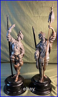 Set of 2 Antique Old French Spelter Metal Statue Man Figural Lamp Base Sculpture