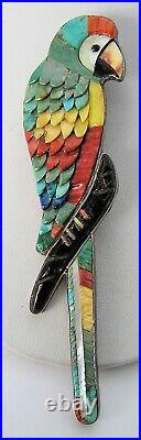 Sterling Old Pawn Vintage Lrg 5 Zuni Multi-Dimensional Inlay Macaw Parrot Pin