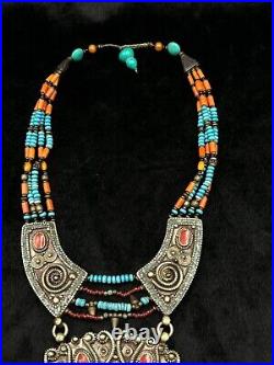 Unique Design Handmade Tibetan Old Necklace With Natural Turquoise & Coral Stone