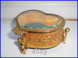 Unusual Antique Old Vintage Cherub Heart Shaped Ormalu Jewellery Box Glass LID
