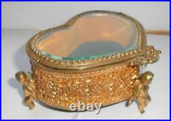 Unusual Antique Old Vintage Cherub Heart Shaped Ormalu Jewellery Box Glass LID