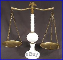 VINTAGE MILK GLASS BRASS PILLAR BALANCE BEAM SCALE With OLD AMERICAN EAGLE FINIAL