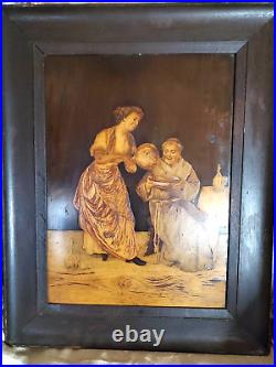 Very LG Old Antique 19X24 Not BG MARQUETRY WOOD INLAY ART PICTURE FRIAR & MAIDEN