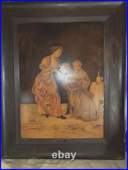Very LG Old Antique 19X24 Not BG MARQUETRY WOOD INLAY ART PICTURE FRIAR & MAIDEN