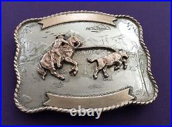 Vintage Old Comstock Silversmiths Calf Roping Double Banner Trophy Belt Buckle