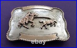 Vintage Old Comstock Silversmiths Calf Roping Double Banner Trophy Belt Buckle
