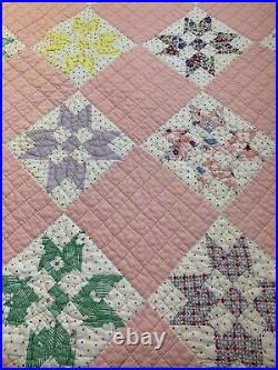 Vintage Quilt 8 Point Star 72x78 Pink Hand Quilted Great Old Fabric