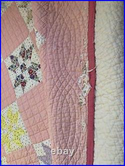 Vintage Quilt 8 Point Star 72x78 Pink Hand Quilted Great Old Fabric