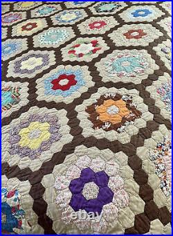 Vintage Quilt Grandmothers Flower Garden Brown Pastel 70x85 Hand Made Old Fabric