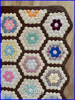 Vintage Quilt Grandmothers Flower Garden Brown Pastel 70x85 Hand Made Old Fabric